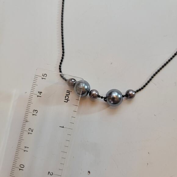 Gray Metallic Bead Choker 14 Inch Black Chain Necklace Vintage Costume Jewelry - Picture 7 of 10